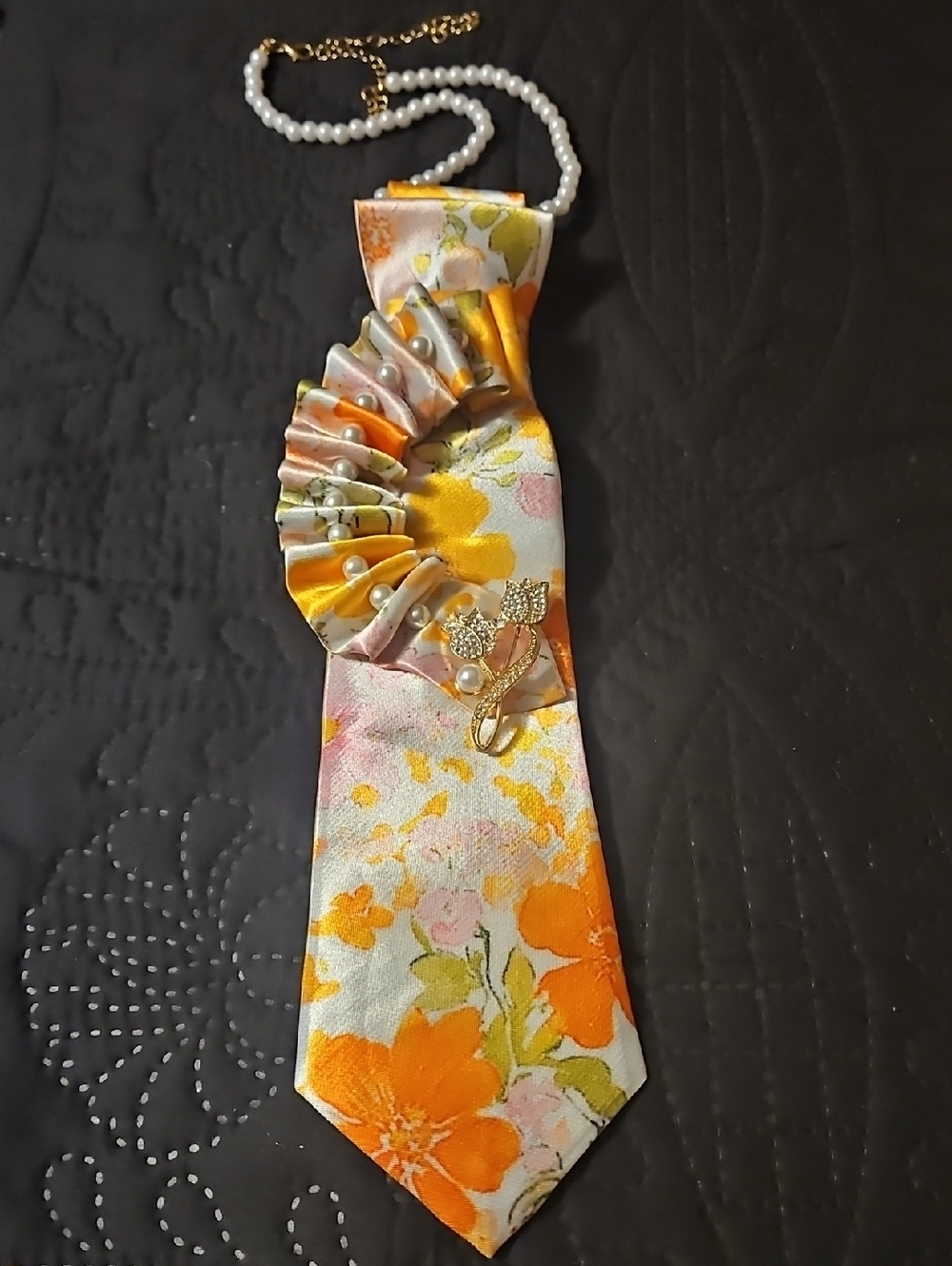 Floral Satin Pendant Necktie with Pearl Chain - Custom Made